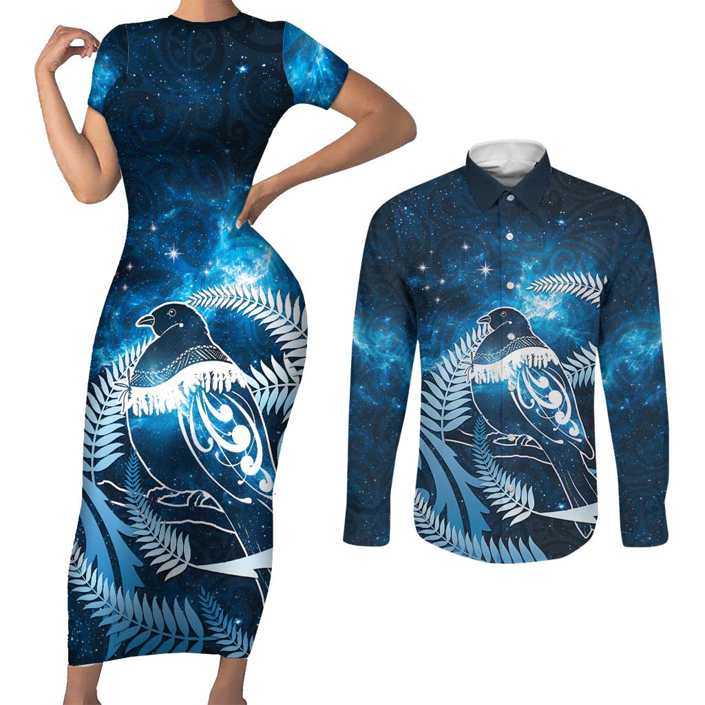 New Zealand Matariki Couples Matching Short Sleeve Bodycon Dress and Long Sleeve Button Shirt Pigeon Kereru Maori Fern Art LT05 Blue - Polynesian Pride