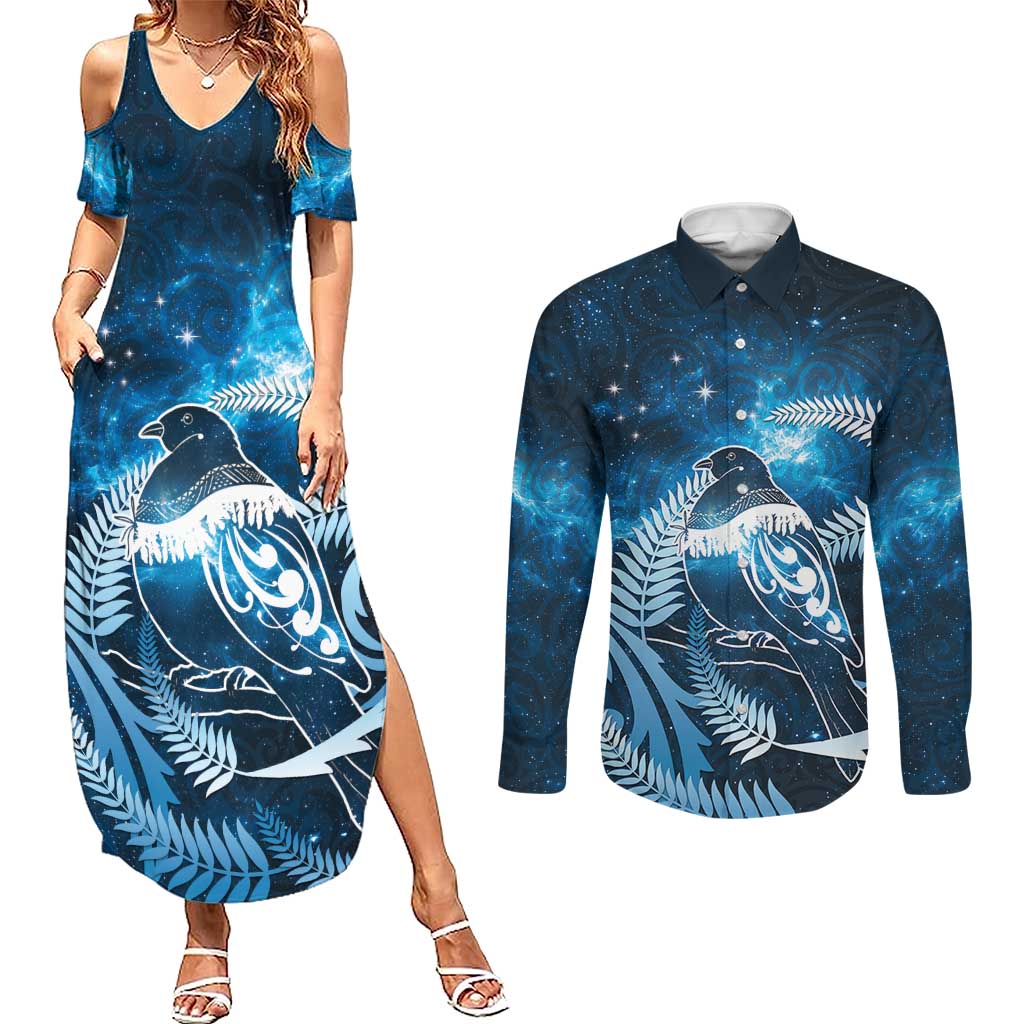 New Zealand Matariki Couples Matching Summer Maxi Dress and Long Sleeve Button Shirt Pigeon Kereru Maori Fern Art