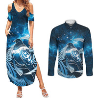 New Zealand Matariki Couples Matching Summer Maxi Dress and Long Sleeve Button Shirt Pigeon Kereru Maori Fern Art LT05 Blue - Polynesian Pride