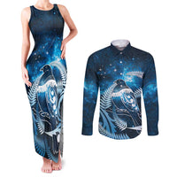 New Zealand Matariki Couples Matching Tank Maxi Dress and Long Sleeve Button Shirt Pigeon Kereru Maori Fern Art LT05 Blue - Polynesian Pride