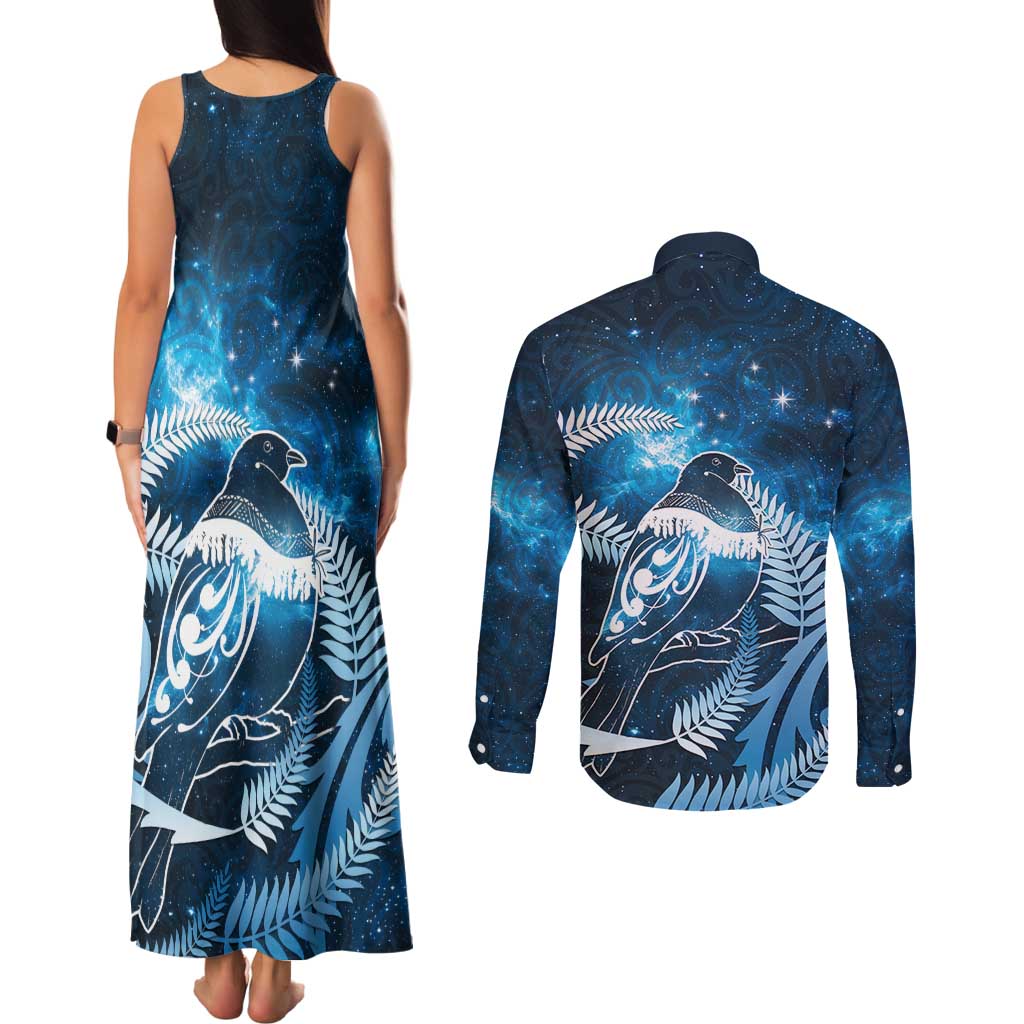 New Zealand Matariki Couples Matching Tank Maxi Dress and Long Sleeve Button Shirt Pigeon Kereru Maori Fern Art LT05 - Polynesian Pride