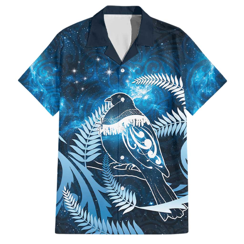 New Zealand Matariki Family Matching Off The Shoulder Long Sleeve Dress and Hawaiian Shirt Pigeon Kereru Maori Fern Art LT05 Dad's Shirt - Short Sleeve Blue - Polynesian Pride