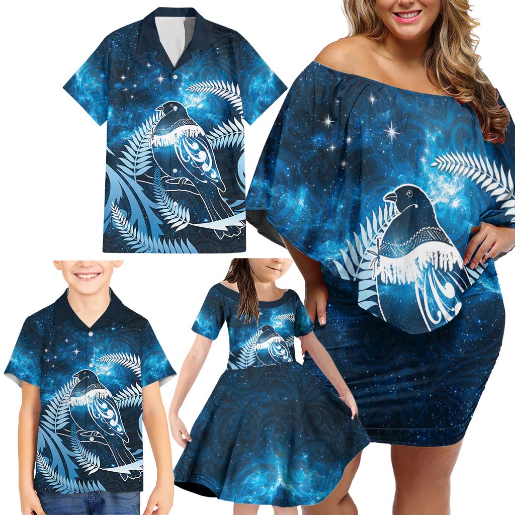 New Zealand Matariki Family Matching Off Shoulder Short Dress and Hawaiian Shirt Pigeon Kereru Maori Fern Art LT05 - Polynesian Pride