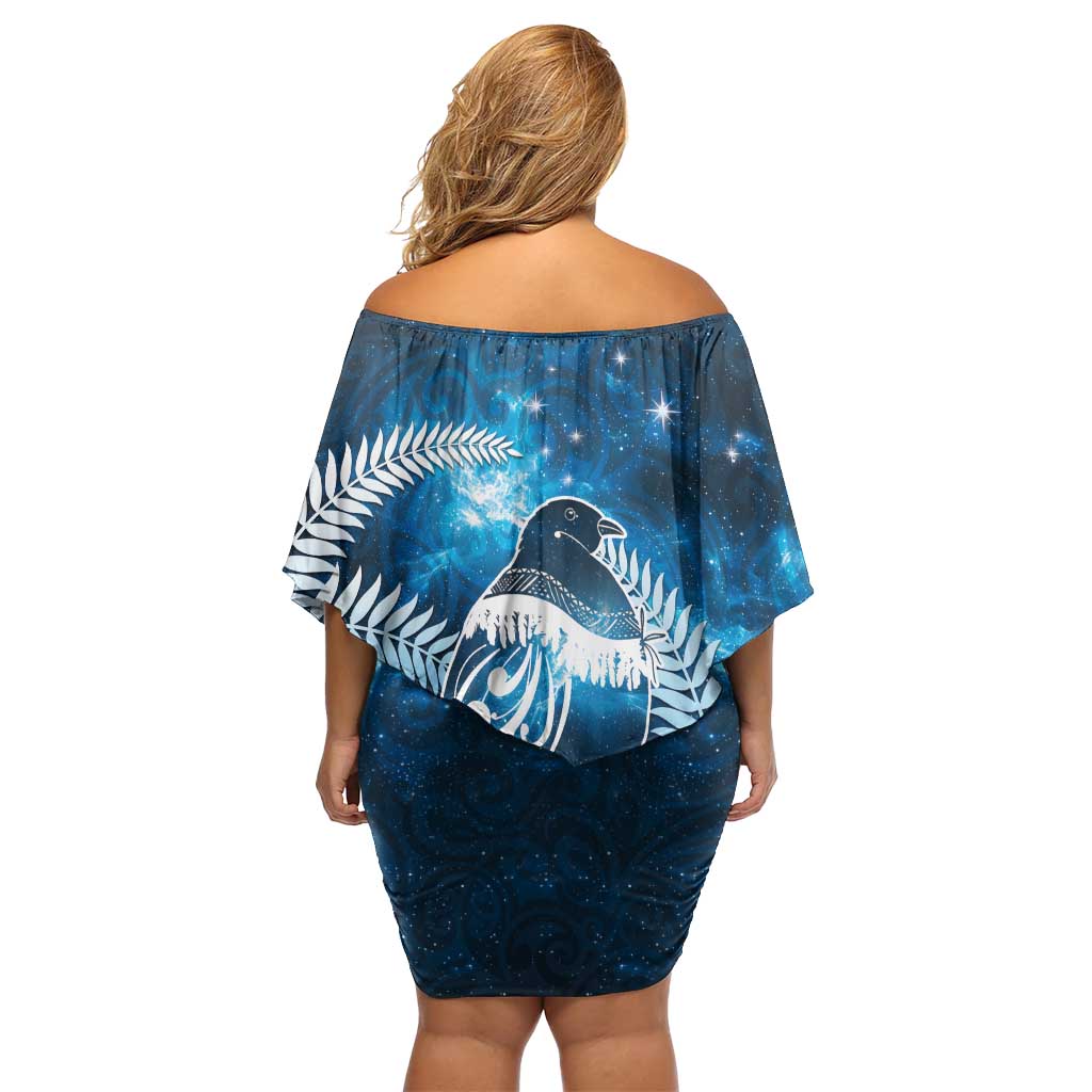 New Zealand Matariki Family Matching Off Shoulder Short Dress and Hawaiian Shirt Pigeon Kereru Maori Fern Art LT05 - Polynesian Pride