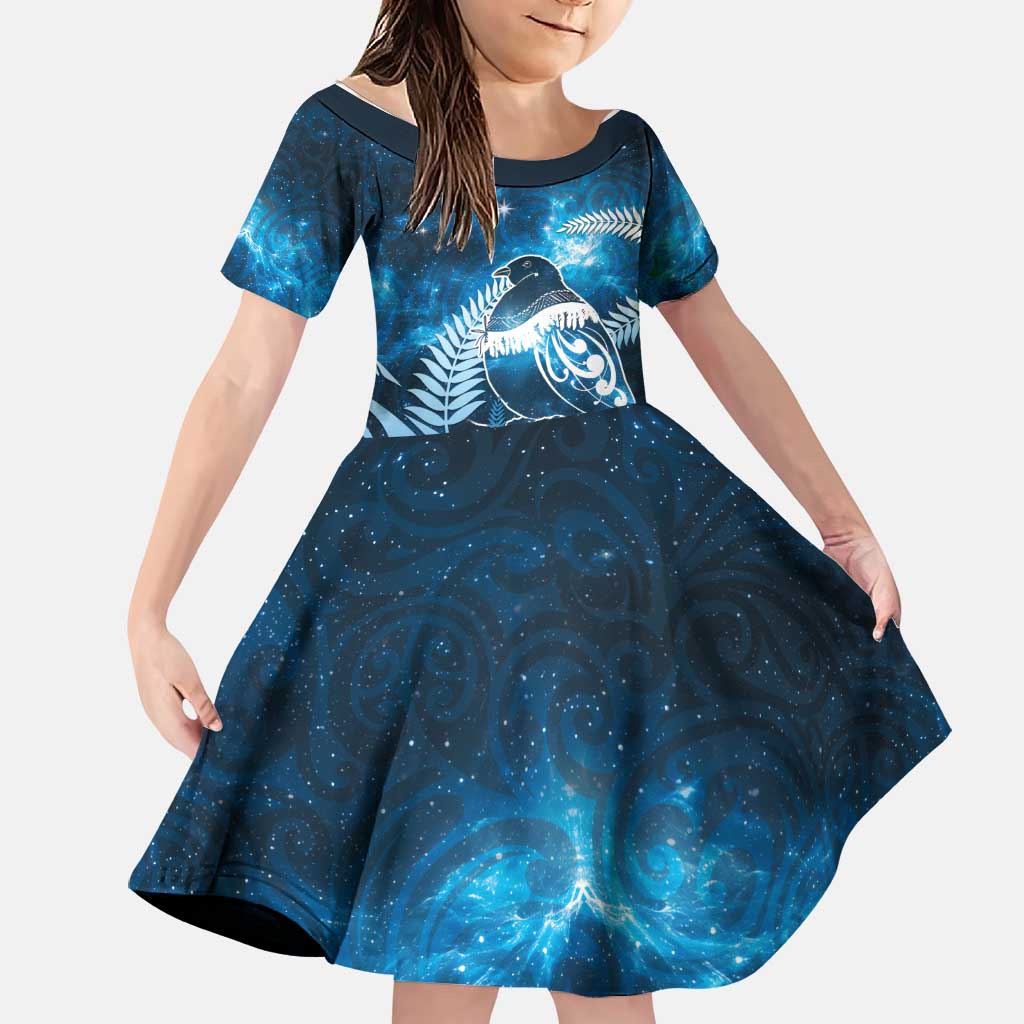 New Zealand Matariki Family Matching Puletasi and Hawaiian Shirt Pigeon Kereru Maori Fern Art LT05 Daughter's Dress Blue - Polynesian Pride