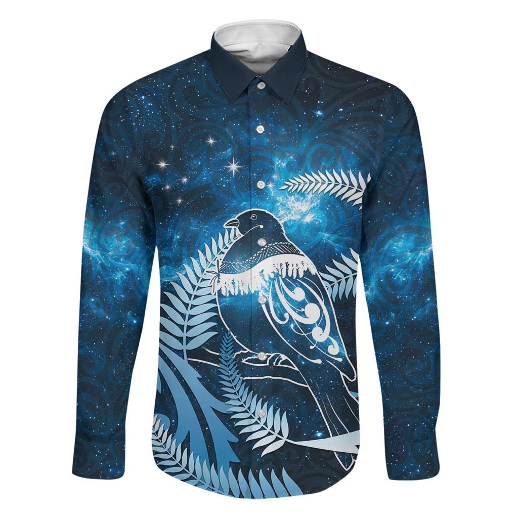 New Zealand Matariki Family Matching Summer Maxi Dress and Hawaiian Shirt Pigeon Kereru Maori Fern Art LT05 Dad's Shirt - Long Sleeve Blue - Polynesian Pride