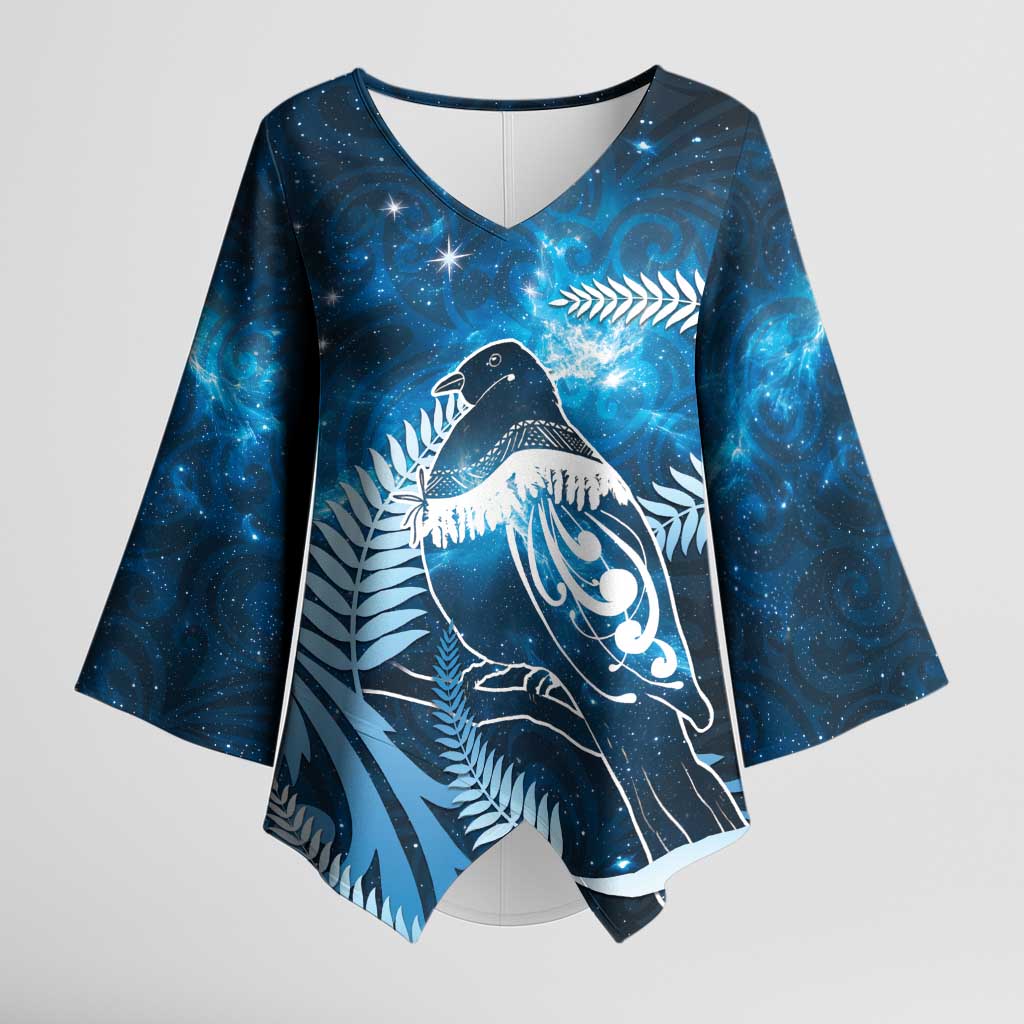 New Zealand Matariki Kimono Sleeve Blouse Pigeon Kereru Maori Fern Art LT05 Female Blue - Polynesian Pride