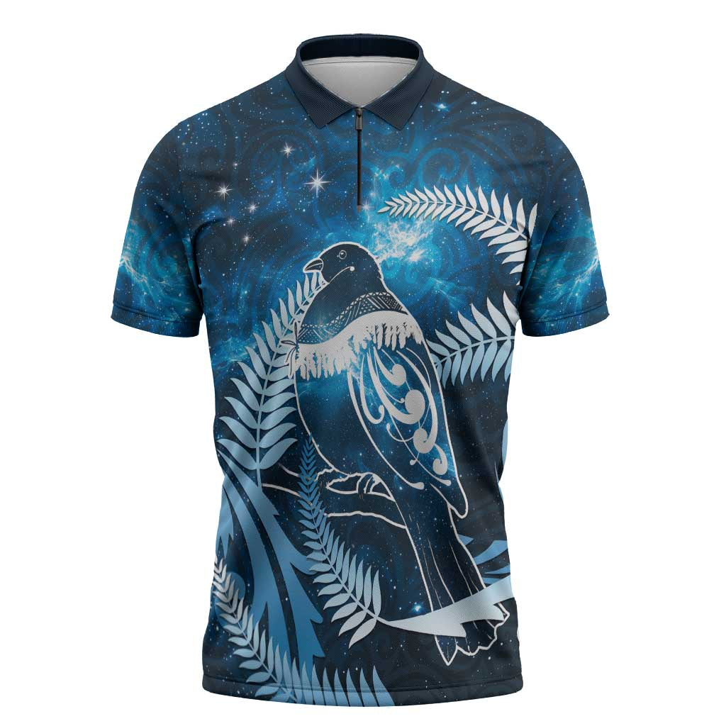 New Zealand Matariki Zipper Polo Shirt Pigeon Kereru Maori Fern Art LT05 Blue - Polynesian Pride