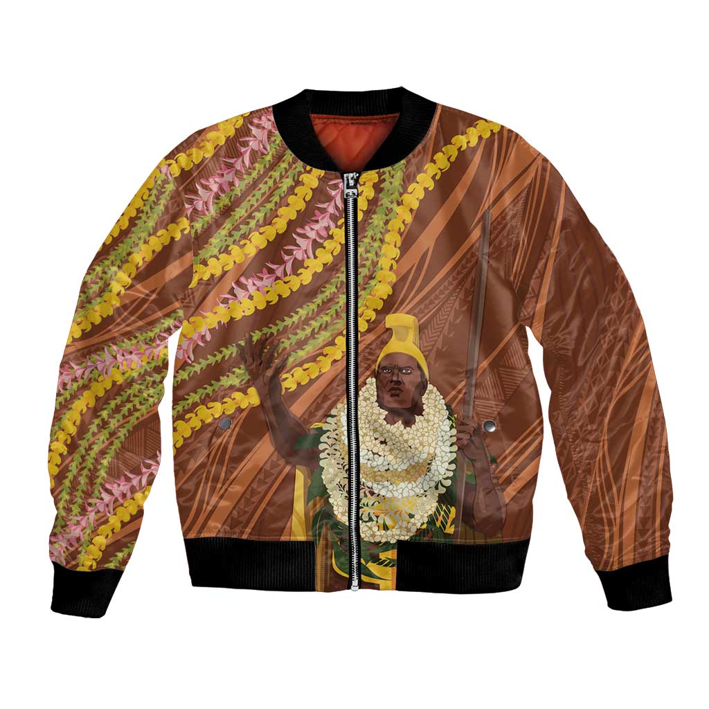 Hawaii King Kamehameha Bomber Jacket Hawaiian Kakau Pattern With Leis