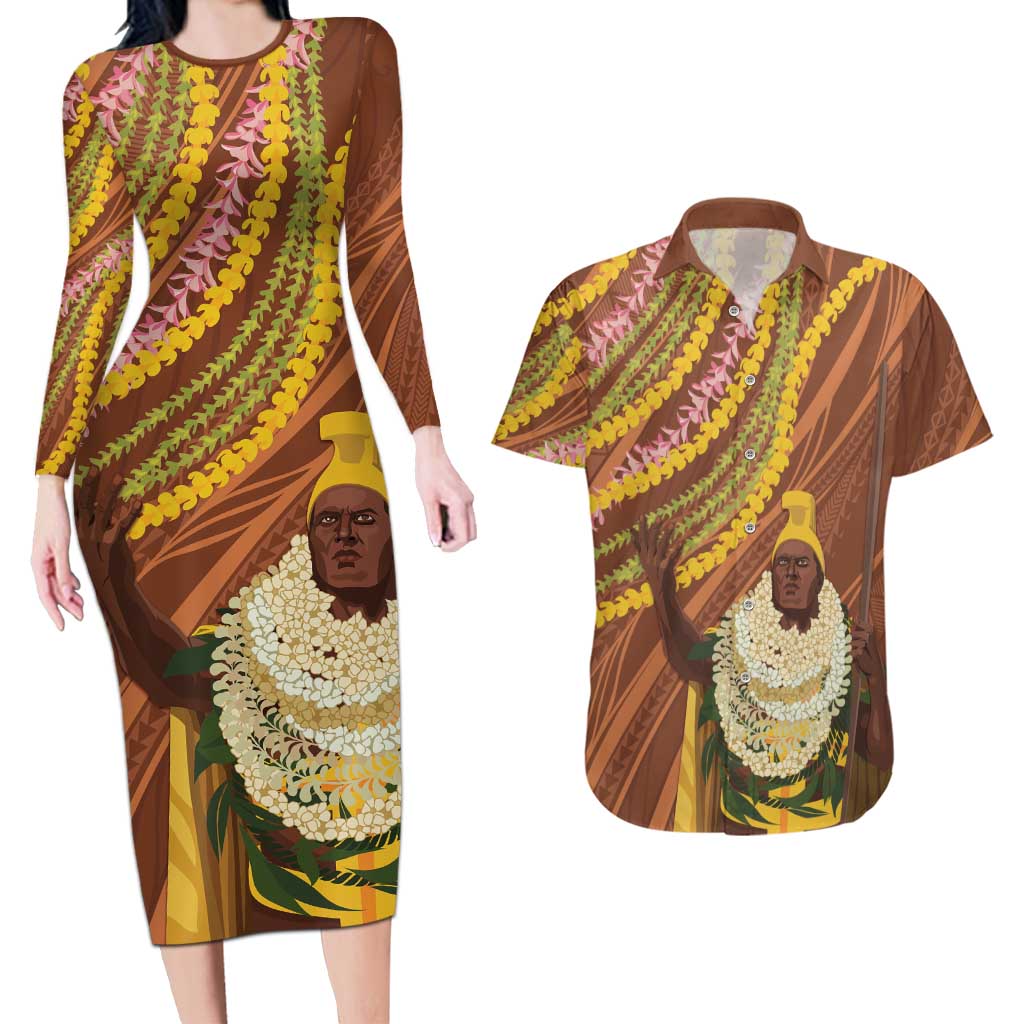 Hawaii King Kamehameha Couples Matching Long Sleeve Bodycon Dress and Hawaiian Shirt Hawaiian Kakau Pattern With Leis LT05 Brown - Polynesian Pride