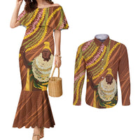 Hawaii King Kamehameha Couples Matching Mermaid Dress and Long Sleeve Button Shirt Hawaiian Kakau Pattern With Leis LT05 Brown - Polynesian Pride