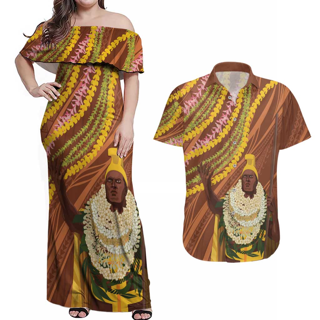 Hawaii King Kamehameha Couples Matching Off Shoulder Maxi Dress and Hawaiian Shirt Hawaiian Kakau Pattern With Leis LT05 Brown - Polynesian Pride