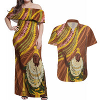 Hawaii King Kamehameha Couples Matching Off Shoulder Maxi Dress and Hawaiian Shirt Hawaiian Kakau Pattern With Leis LT05 Brown - Polynesian Pride