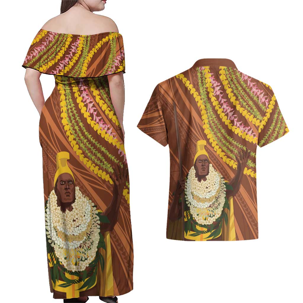 Hawaii King Kamehameha Couples Matching Off Shoulder Maxi Dress and Hawaiian Shirt Hawaiian Kakau Pattern With Leis LT05 - Polynesian Pride