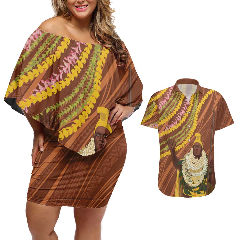 Hawaii King Kamehameha Couples Matching Off Shoulder Short Dress and Hawaiian Shirt Hawaiian Kakau Pattern With Leis LT05 Brown - Polynesian Pride