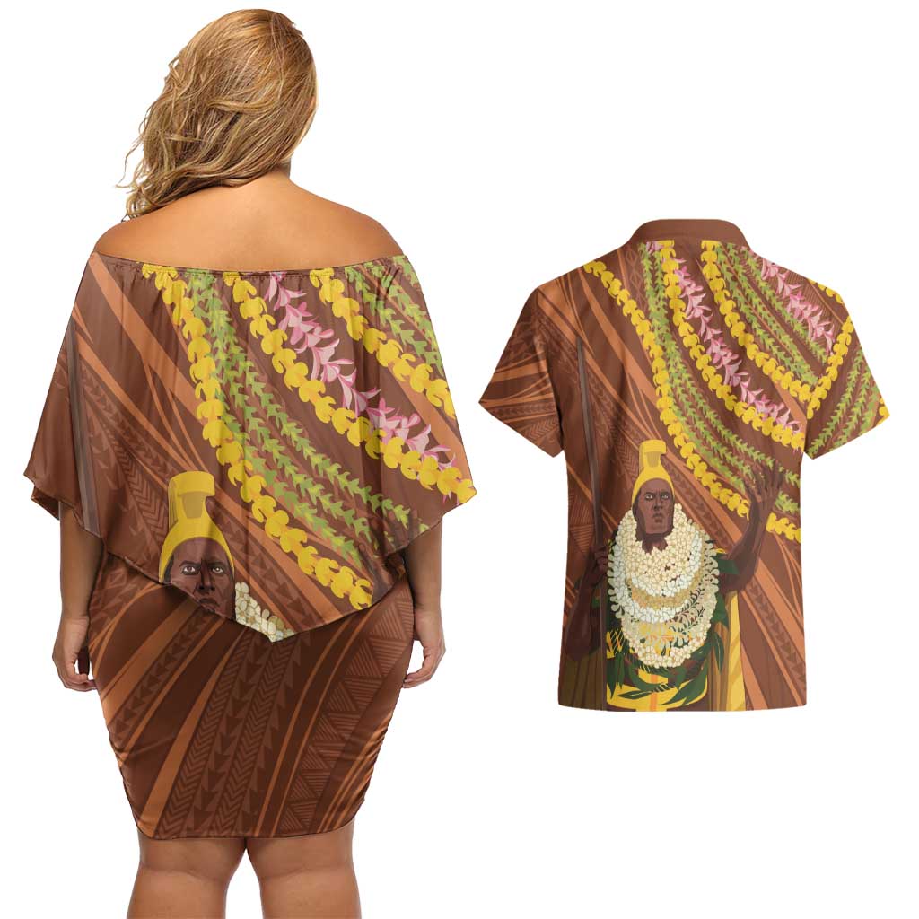 Hawaii King Kamehameha Couples Matching Off Shoulder Short Dress and Hawaiian Shirt Hawaiian Kakau Pattern With Leis LT05 - Polynesian Pride