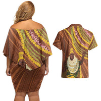 Hawaii King Kamehameha Couples Matching Off Shoulder Short Dress and Hawaiian Shirt Hawaiian Kakau Pattern With Leis LT05 - Polynesian Pride