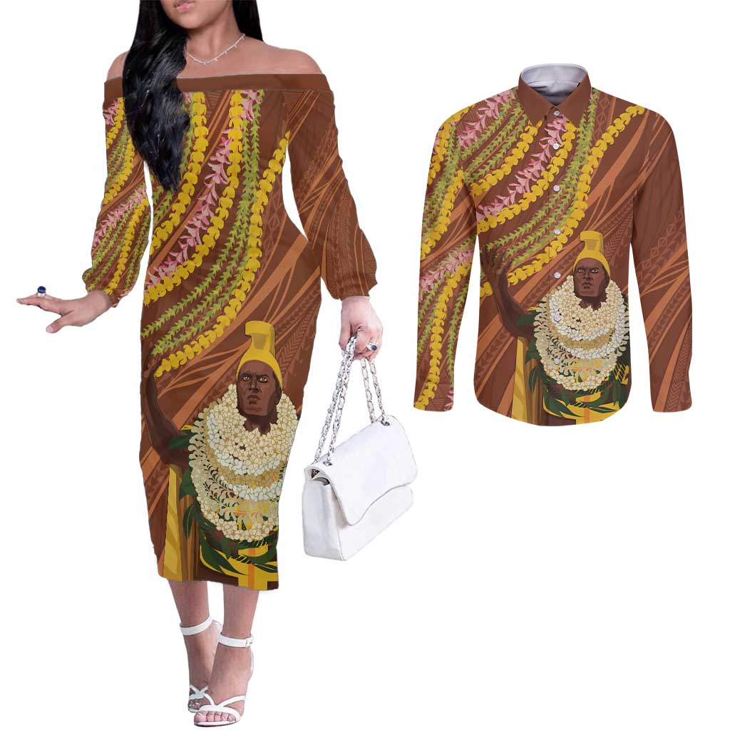 Hawaii King Kamehameha Couples Matching Off The Shoulder Long Sleeve Dress and Long Sleeve Button Shirt Hawaiian Kakau Pattern With Leis LT05 Brown - Polynesian Pride