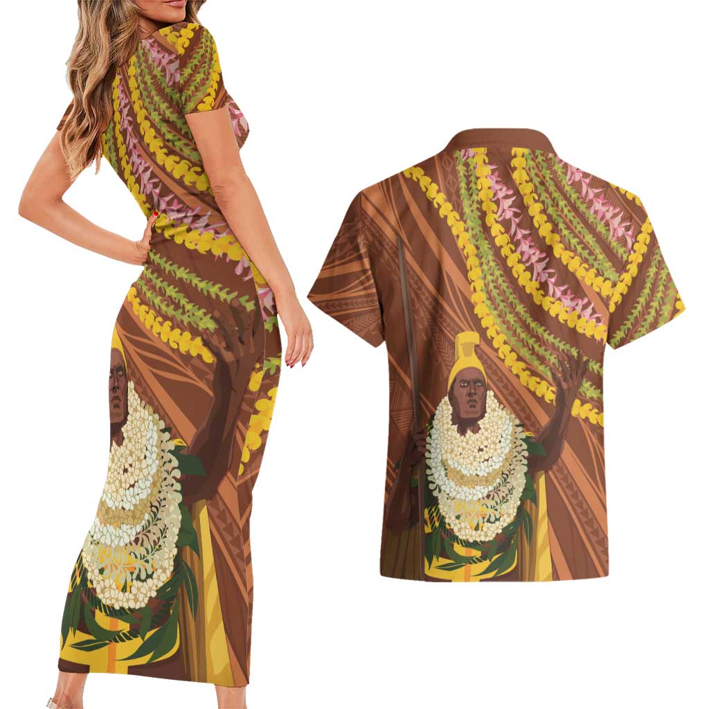 Hawaii King Kamehameha Couples Matching Short Sleeve Bodycon Dress and Hawaiian Shirt Hawaiian Kakau Pattern With Leis LT05 - Polynesian Pride