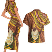 Hawaii King Kamehameha Couples Matching Short Sleeve Bodycon Dress and Hawaiian Shirt Hawaiian Kakau Pattern With Leis LT05 - Polynesian Pride