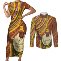 Hawaii King Kamehameha Couples Matching Short Sleeve Bodycon Dress and Long Sleeve Button Shirt Hawaiian Kakau Pattern With Leis LT05 Brown - Polynesian Pride