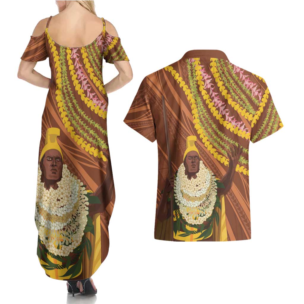 Hawaii King Kamehameha Couples Matching Summer Maxi Dress and Hawaiian Shirt Hawaiian Kakau Pattern With Leis LT05 - Polynesian Pride