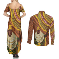 Hawaii King Kamehameha Couples Matching Summer Maxi Dress and Long Sleeve Button Shirt Hawaiian Kakau Pattern With Leis