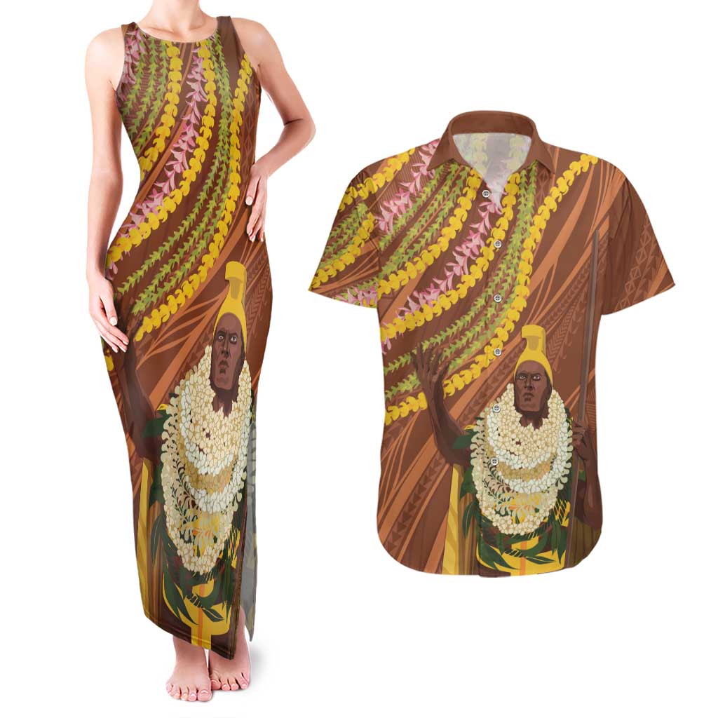 Hawaii King Kamehameha Couples Matching Tank Maxi Dress and Hawaiian Shirt Hawaiian Kakau Pattern With Leis LT05 Brown - Polynesian Pride