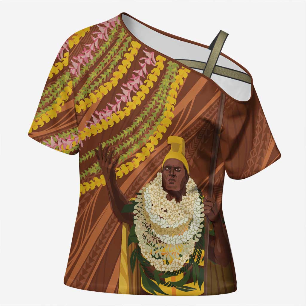 Hawaii King Kamehameha Cross Shoulder Shirt Hawaiian Kakau Pattern With Leis