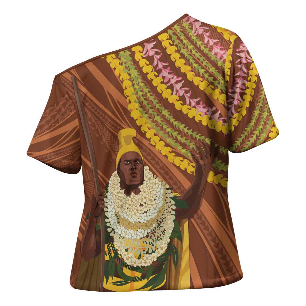 Hawaii King Kamehameha Cross Shoulder Shirt Hawaiian Kakau Pattern With Leis
