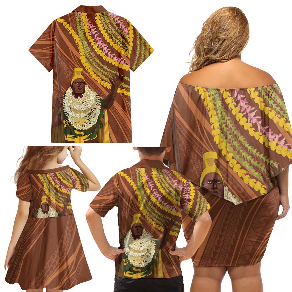 Hawaii King Kamehameha Family Matching Off Shoulder Short Dress and Hawaiian Shirt Hawaiian Kakau Pattern With Leis LT05 - Polynesian Pride
