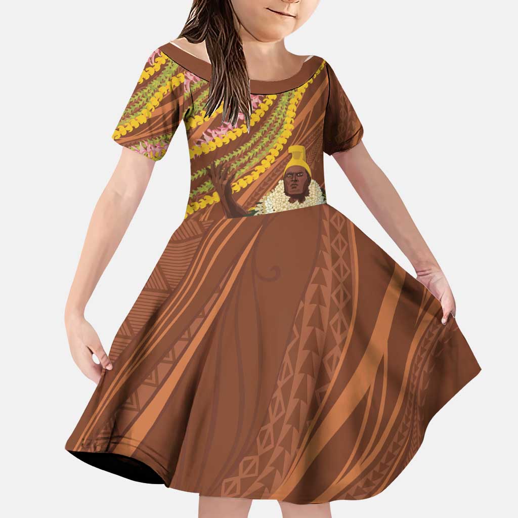 Hawaii King Kamehameha Family Matching Puletasi and Hawaiian Shirt Hawaiian Kakau Pattern With Leis LT05 Daughter's Dress Brown - Polynesian Pride