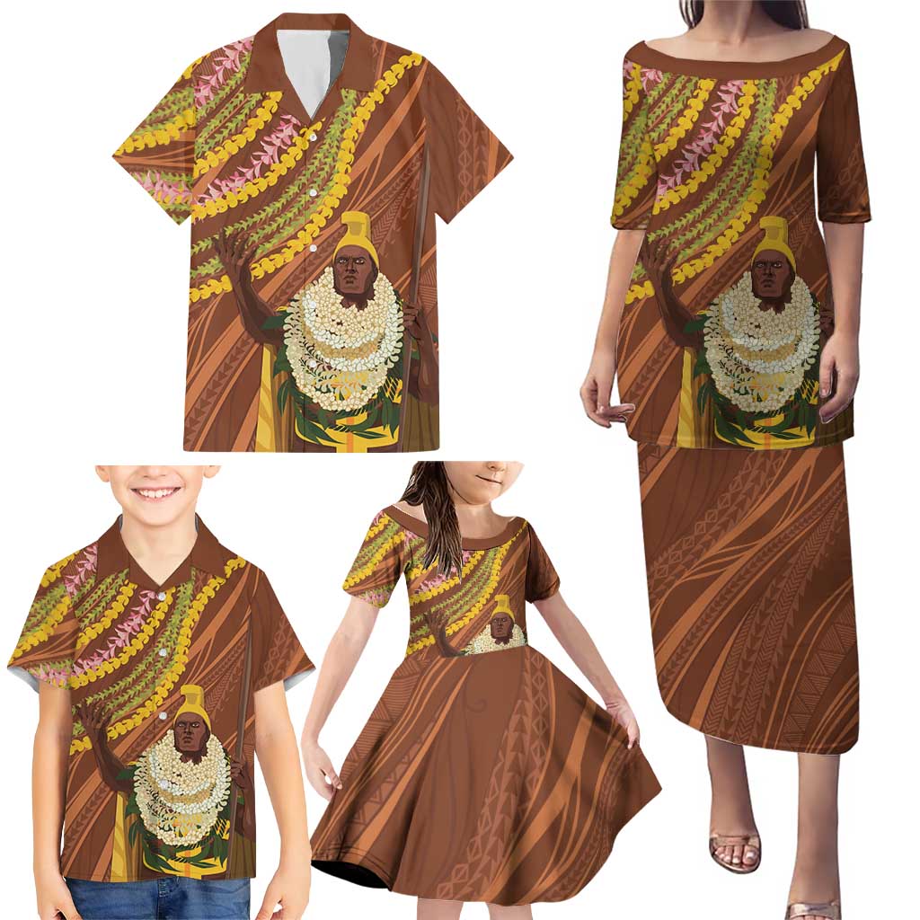 Hawaii King Kamehameha Family Matching Puletasi and Hawaiian Shirt Hawaiian Kakau Pattern With Leis