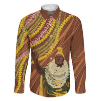 Hawaii King Kamehameha Family Matching Puletasi and Hawaiian Shirt Hawaiian Kakau Pattern With Leis LT05 Dad's Shirt - Long Sleeve Brown - Polynesian Pride