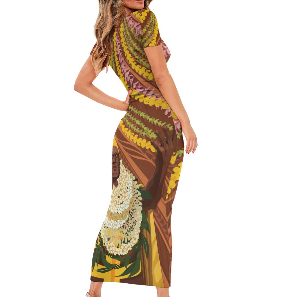 Hawaii King Kamehameha Family Matching Short Sleeve Bodycon Dress and Hawaiian Shirt Hawaiian Kakau Pattern With Leis LT05 - Polynesian Pride