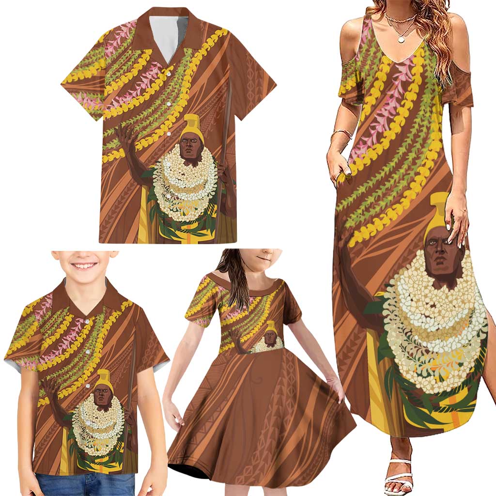 Hawaii King Kamehameha Family Matching Summer Maxi Dress and Hawaiian Shirt Hawaiian Kakau Pattern With Leis LT05 - Polynesian Pride