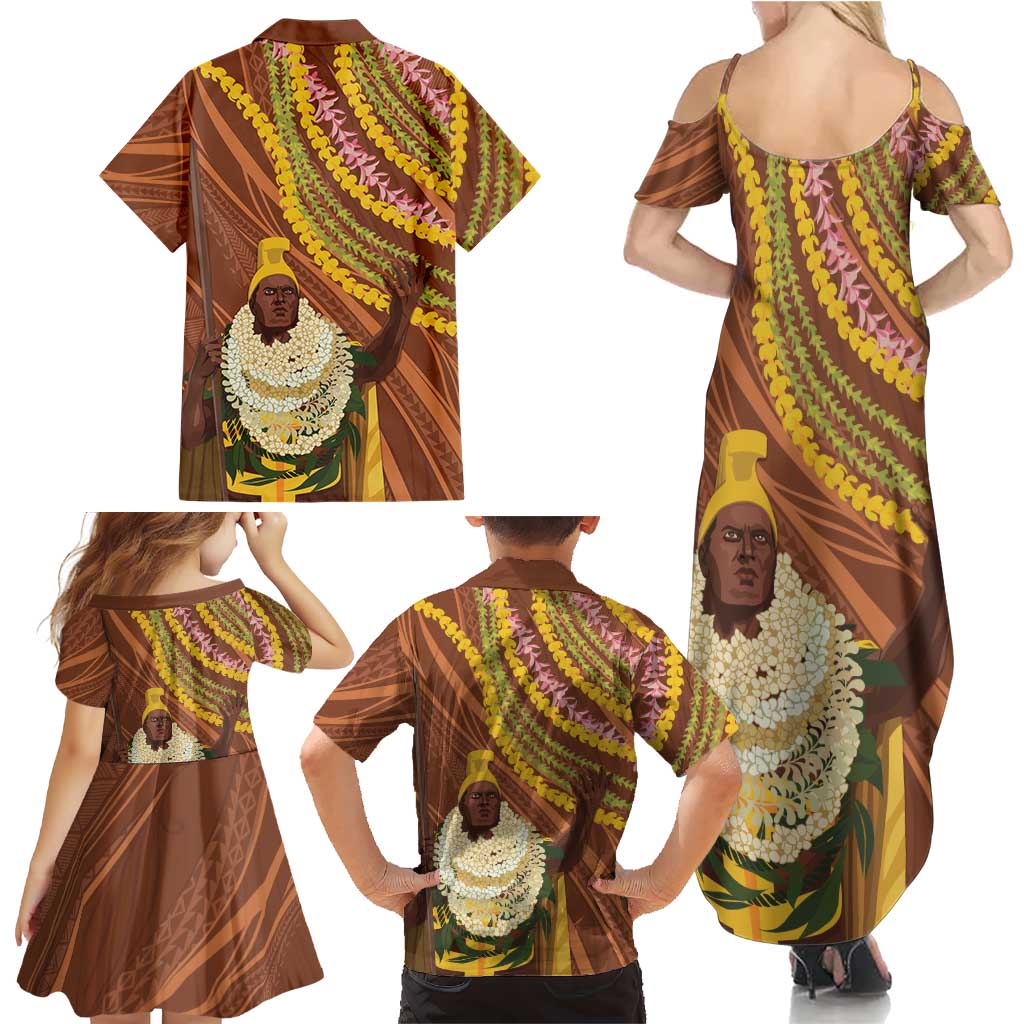 Hawaii King Kamehameha Family Matching Summer Maxi Dress and Hawaiian Shirt Hawaiian Kakau Pattern With Leis LT05 - Polynesian Pride