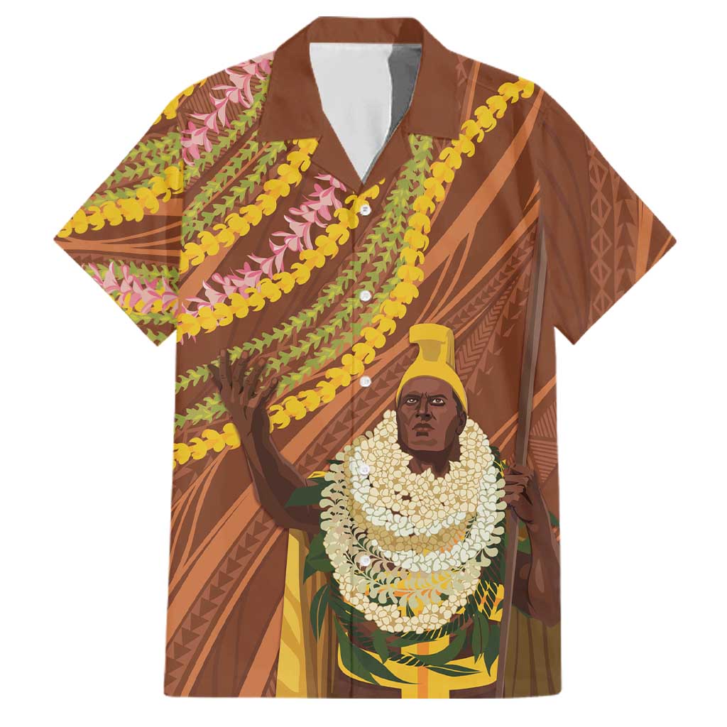 Hawaii King Kamehameha Family Matching Summer Maxi Dress and Hawaiian Shirt Hawaiian Kakau Pattern With Leis LT05 Dad's Shirt - Short Sleeve Brown - Polynesian Pride