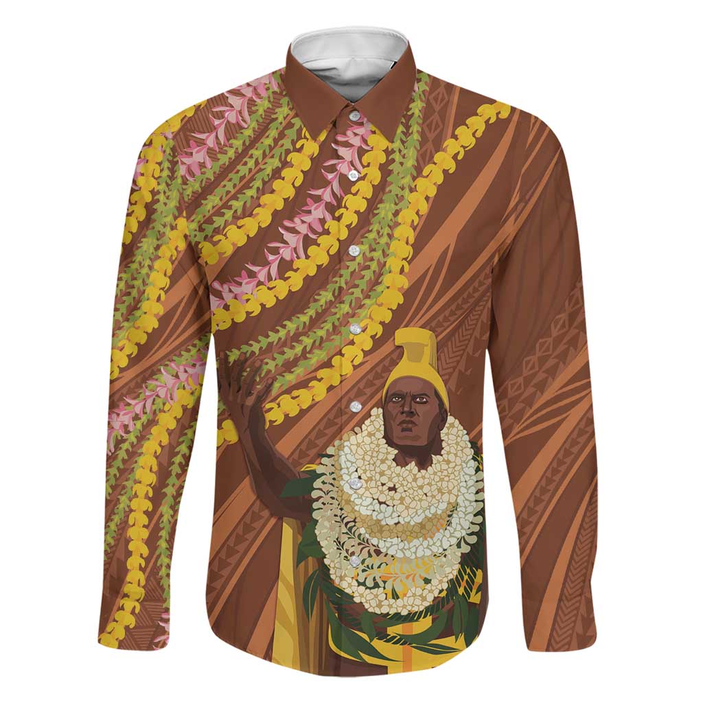 Hawaii King Kamehameha Family Matching Summer Maxi Dress and Hawaiian Shirt Hawaiian Kakau Pattern With Leis LT05 Dad's Shirt - Long Sleeve Brown - Polynesian Pride