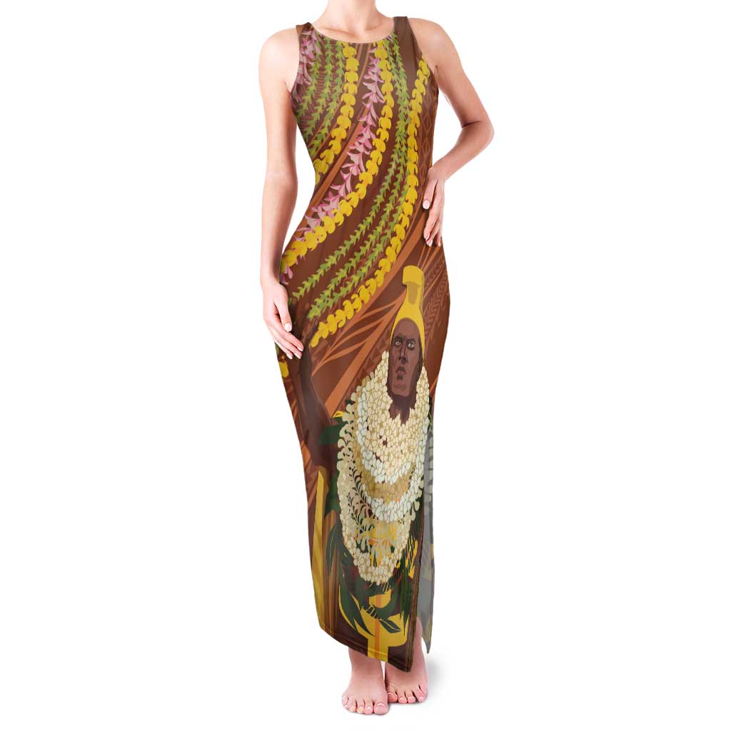 Hawaii King Kamehameha Family Matching Tank Maxi Dress and Hawaiian Shirt Hawaiian Kakau Pattern With Leis LT05 Mom's Dress Brown - Polynesian Pride