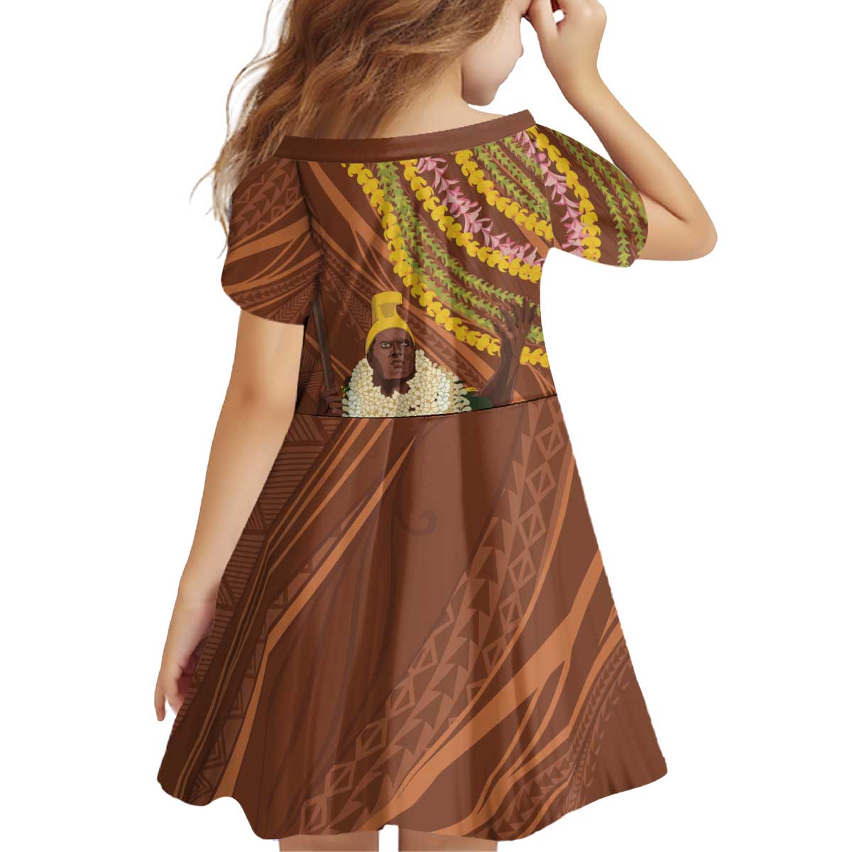 Hawaii King Kamehameha Kid Short Sleeve Dress Hawaiian Kakau Pattern With Leis