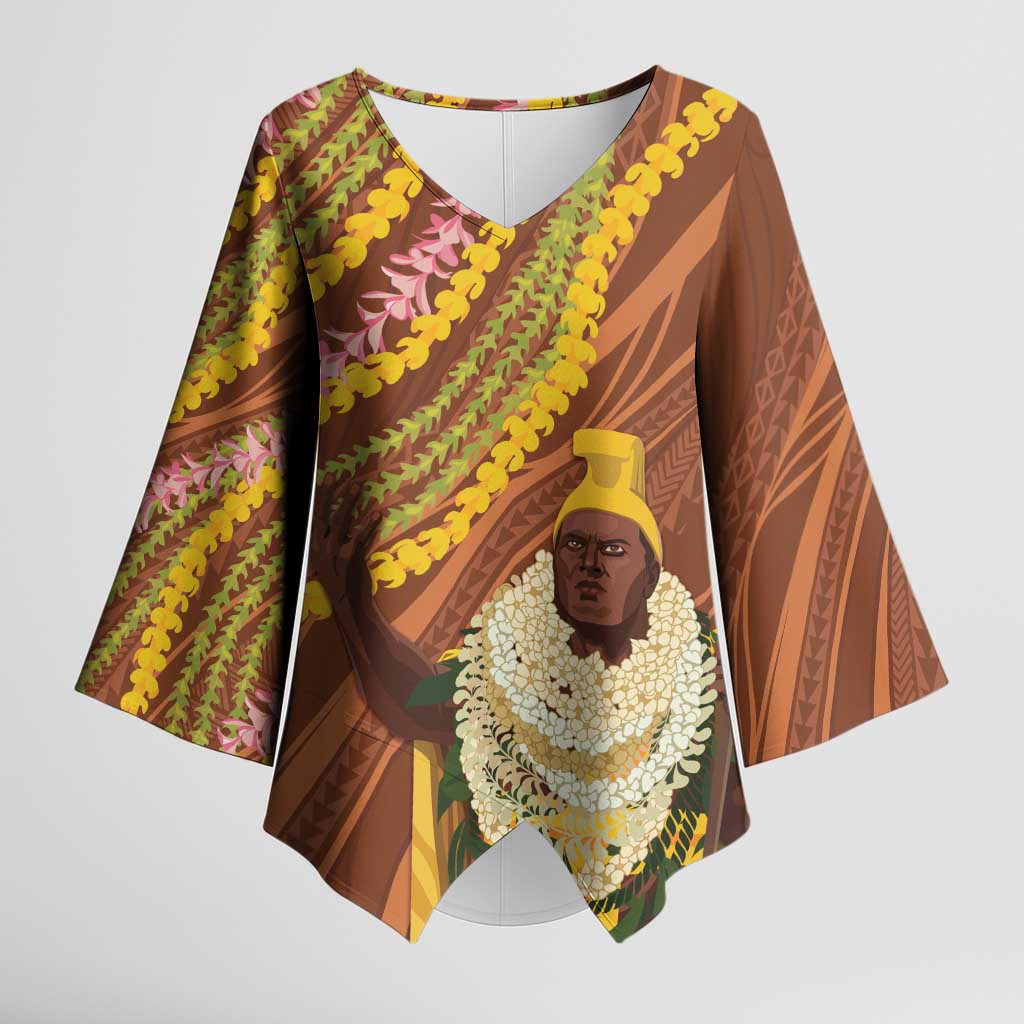 Hawaii King Kamehameha Kimono Sleeve Blouse Hawaiian Kakau Pattern With Leis