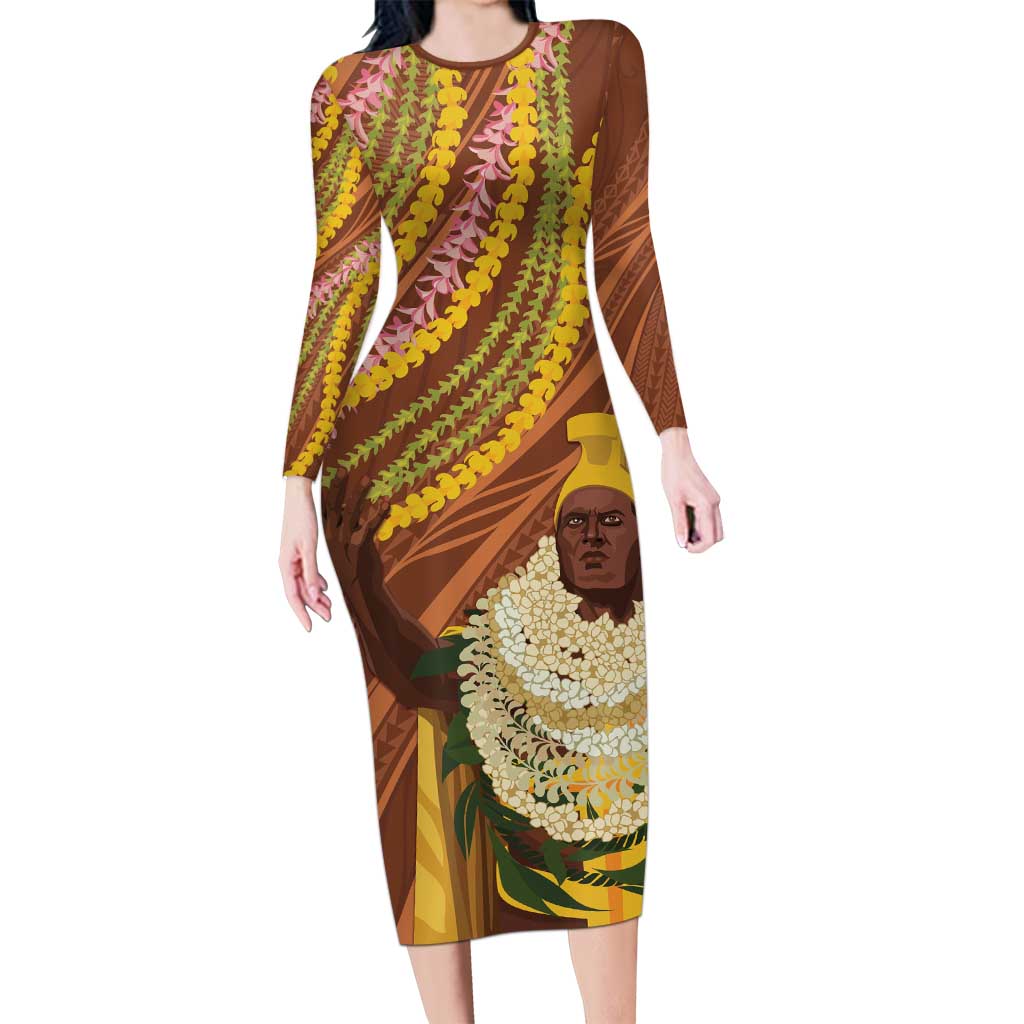 Hawaii King Kamehameha Long Sleeve Bodycon Dress Hawaiian Kakau Pattern With Leis