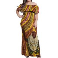 Hawaii King Kamehameha Off Shoulder Maxi Dress Hawaiian Kakau Pattern With Leis
