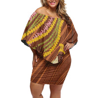 Hawaii King Kamehameha Off Shoulder Short Dress Hawaiian Kakau Pattern With Leis LT05 Women Brown - Polynesian Pride