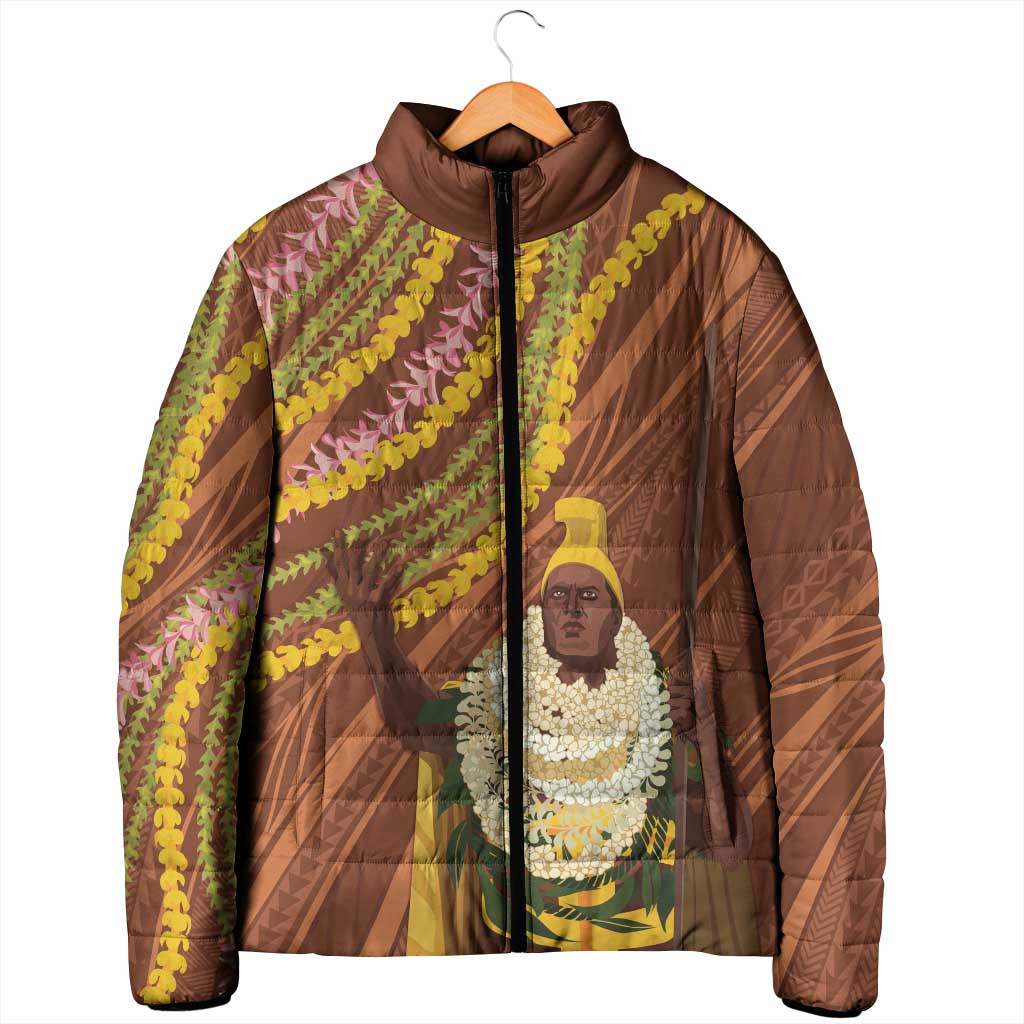 Hawaii King Kamehameha Padded Jacket Hawaiian Kakau Pattern With Leis