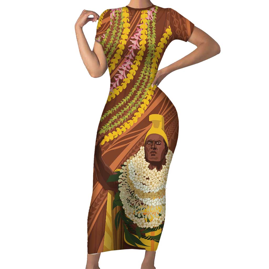 Hawaii King Kamehameha Short Sleeve Bodycon Dress Hawaiian Kakau Pattern With Leis