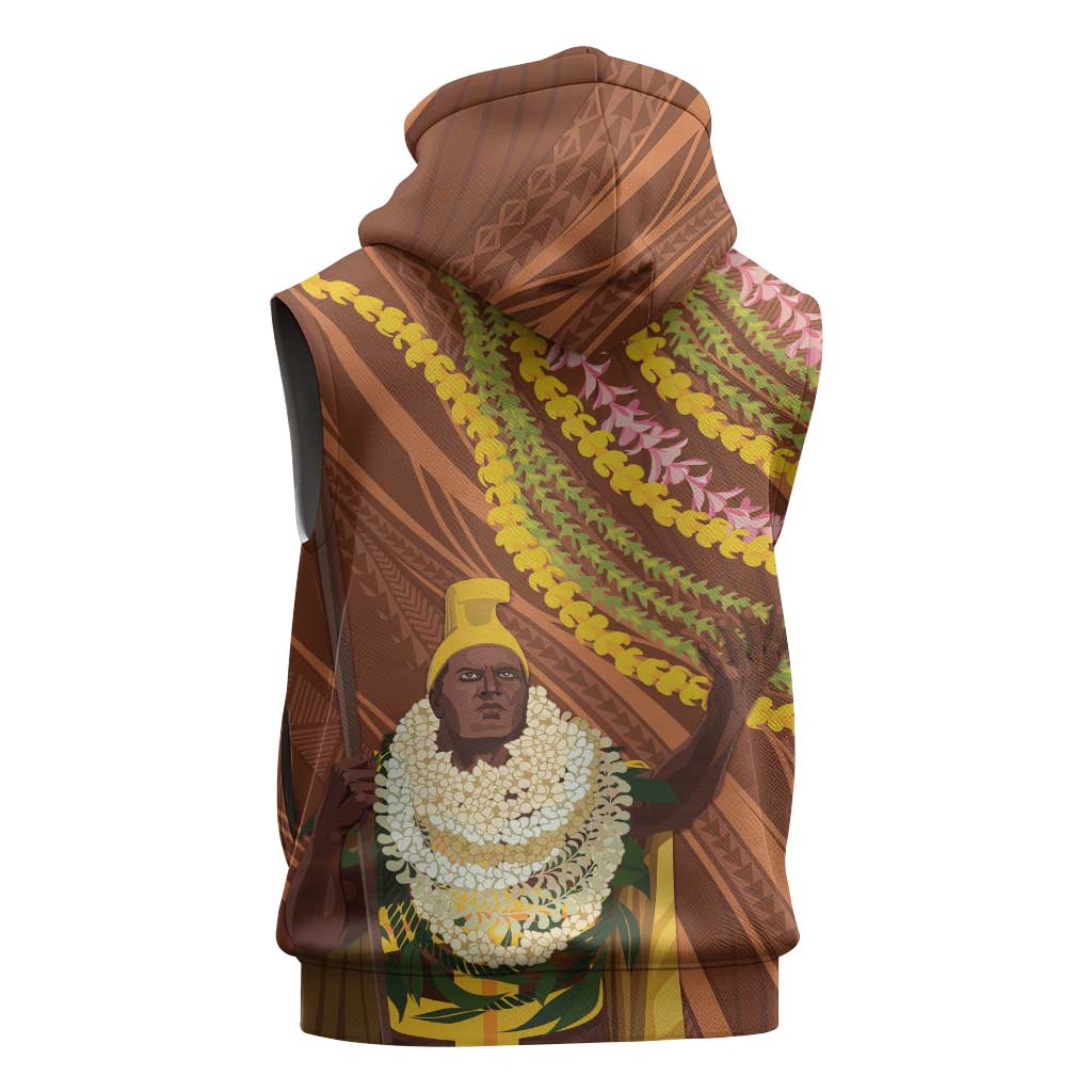 Hawaii King Kamehameha Sleeveless Hoodie Hawaiian Kakau Pattern With Leis