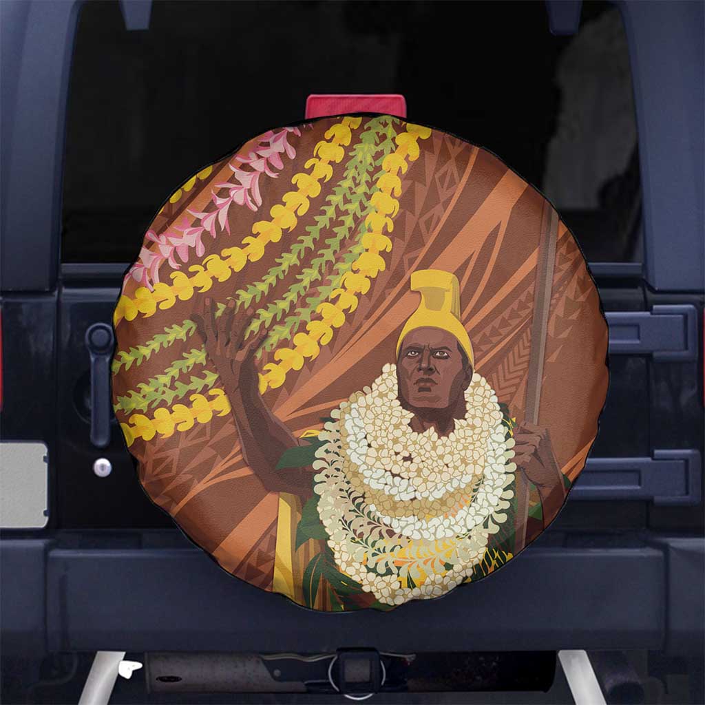 Hawaii King Kamehameha Spare Tire Cover Hawaiian Kakau Pattern With Leis