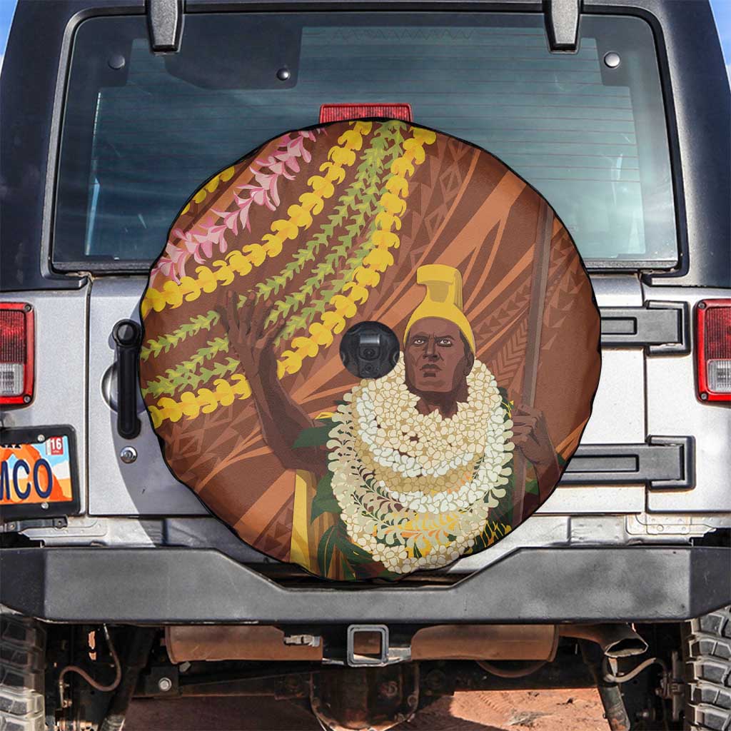 Hawaii King Kamehameha Spare Tire Cover Hawaiian Kakau Pattern With Leis
